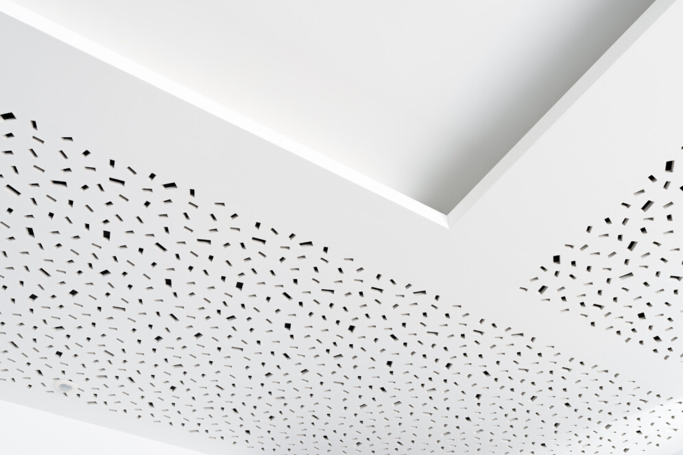 Plafond acoustique avec plaques de plâtre perforées Knauf Delta Domino, chantier Park Forlen, Geispolsheim (67)